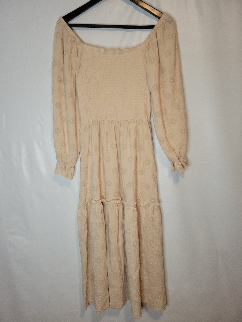 Cotton Textured Blush Cream Long Sleeve Maxi Dress With Smocked Bodice - Picture 7 of 12